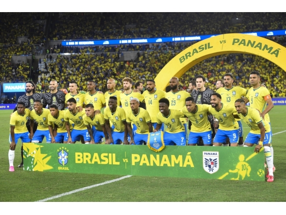Team Brazil pose for a group photo before a friendly football match between Brazil and Panama at the Maracana Stadium in Rio de Janeiro, Brazil. 