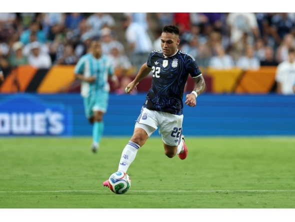 Lautaro Martinez of Argentina runs with the ball during the international friendly match between Argentina and Honduras at Kyle Field on June 06, 2026 in College Station, Texas. Tim Warner/Getty Images/AFP