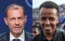 This combination of files pictures created on June 11, 2026 shows UEFA president Aleksander Ceferin addressing a press conference at the 50th UEFA Ordinary Congress in Brussels on February 12, 2026 and Somali international referee Omar Abdulkadir Artan reacting as he is welcomed by supporters ahead of a solidarity football match after returning to Somalia in Mogadishu on June 10, 2026. Photo by Pau BARRENA and Hassan Ali Elmi / AFP