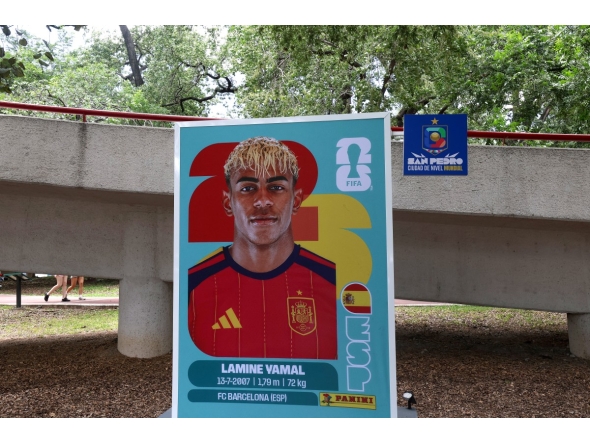 A big Panini sticker depicting Spain's forward Lamine Yamal is pictured in San Pedro Garza Garcia on June 9, 2026. (Photo by Julio Cesar Aguilar / AFP)
