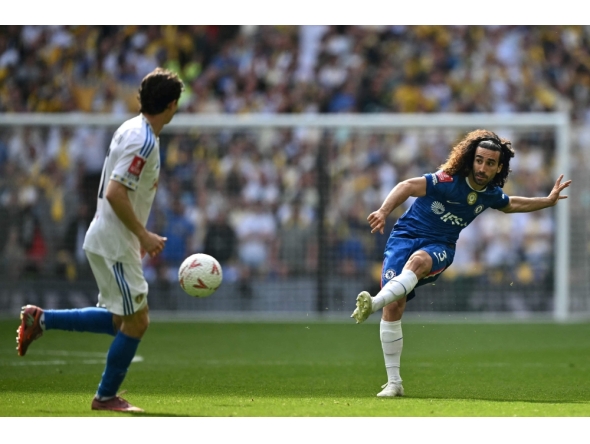 (Files) Chelsea's Spanish defender #03 Marc Cucurella shoots during the English FA Cup semi final football match between Chelsea and Leeds United at Wembley stadium in London, on April 26, 2026. Photo by Ben Stansall / AFP