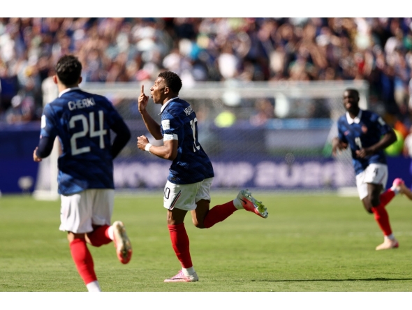 France's forward #10 Kylian Mbappe celebrates after scoring his team's third goal during the 2026 World Cup Group I football match between France and Senegal at the New York/New Jersey Stadium in East Rutherford on June 16, 2026. (Photo by CHARLY TRIBALLEAU / AFP)