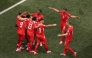 Johan Manzambi #9 of Switzerland celebrates with teammates after scoring the team's third goal during the FIFA World Cup 2026 Group B match between Switzerland and Bosnia and Herzegovina at Los Angeles Stadium on June 18, 2026 in Inglewood, California.