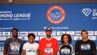 FROM LEFT: World 110m hurdles champion Cordell Tinch, Olympic women's 400m champion Marileidy Paulino, Qatar's three-time world champion and Tokyo Olympic gold winning high jumper Mutaz Barshim, Olympic triple jump champion Thea Lafond and India's former Olympic and world champion javelin thrower Neeraj Chopra pose for a photo following a press conference.