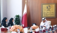Speaker of the Shura Council H E Hassan bin Abdullah Al Ghanim and Minister of State for International Cooperation H E Dr. Maryam bint Ali bin Nasser Al Misnad during the meeting.
