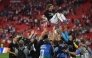 Croatia's midfielder #10 Luka Modric is lifted up by his teammates as they celebrate after winning the 2026 World Cup Group L football match between Panama and Croatia at the Toronto Stadium in Toronto on June 23, 2026. (Photo by Cole Burston / AFP)