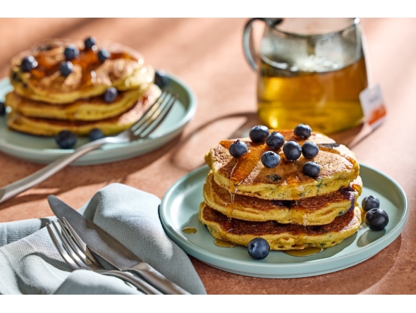 Blueberry Cornmeal Pancakes. (Tom McCorkle/For The Washington Post; food styling by Gina Nistico)