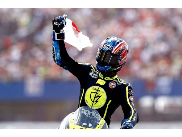 Japan's Ai Ogura reacts on his Aprilia after the MotoGP race during the 95th edition of the Dutch Motorcycle Grand Prix at the TT Circuit Assen, in Assen, on June 28, 2026. (Photo by Vincent Jannink / ANP / AFP) 