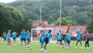 Lamine Yamal (centre) of Spain trains with teammates in Chattanooga, Tennessee, yesterday. (AFP)