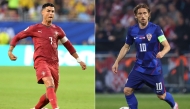 This combination of pictures created on July 1, 2026, shows Portugal's forward #07 Cristiano Ronaldo (L) in Miami Gardens on June 27, 2026; and Croatia's midfielder #10 Luka Modric (R) running with the ball in Zagreb on October 12, 2025. (Photo by Roberto Schmidt / AFP)
 