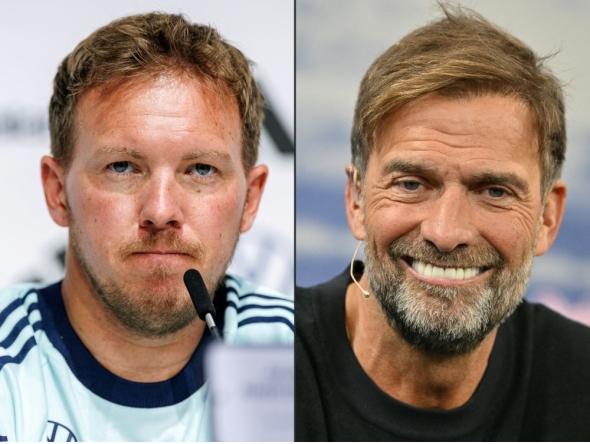 Combination pictures created on July 03, 2026 shows then Germany's head coach Julian Nagelsmann (L) on May 27, 2026 and Jurgen Klopp, Red Bull's new 