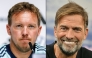 Combination pictures created on July 03, 2026 shows then Germany's head coach Julian Nagelsmann (L) on May 27, 2026 and Jurgen Klopp, Red Bull's new 