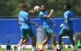 Brazil’s Matheus Cunha (centre) and Vinicius Junior (right) take part in a training session with teammates. (PICS AFP)