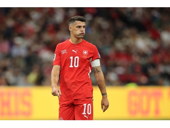 Granit Xhaka #10 of Switzerland reacts during the FIFA World Cup 2026 Round Of 32 match between Switzerland and Algeria on July 02, 2026 in Vancouver, British Columbia. Alex Grimm/Getty Images/AFP