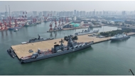 An aerial drone photo taken on July 5, 2026 shows a fleet of Russian naval vessels to participate in the 