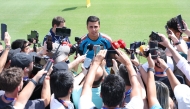 Spain's midfielder #16 Rodri speaks to media before an MD-1 training session at the Cotton Bowl in Dallas on July 5, 2026, on the eve of the 2026 World Cup round of 16 football match between Portugal and Spain. (Photo by Thomas COEX / AFP)