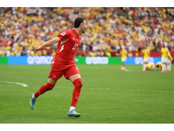 Ruben Vargas #17 of Switzerland celebrates after scoring the fifth and winning penalty in a penalty shootout during the FIFA World Cup 2026 Round of 16 match between Switzerland and Colombia at BC Place Vancouver on July 07, 2026 in Vancouver, British Columbia, Canada. (Photo by David Ramos / GETTY IMAGES NORTH AMERICA / Getty Images via AFP)