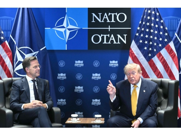 NATO Secretary General Mark Rutte (L) and US President Donald Trump meet on the sidelines of the NATO summit in Ankara, on July 8, 2026. (Photo by Saul Loeb / AFP)