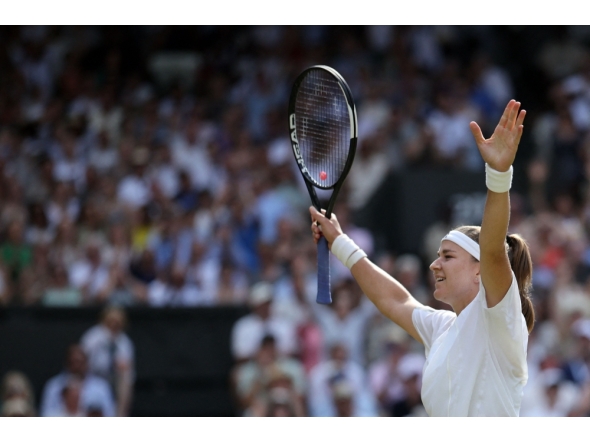 Czech Republic's Karolina Muchova celebrates beating US player Coco Gauff in Wimbledon, southwest London, on July 9, 2026. (Photo by Henry Nicholls / AFP)