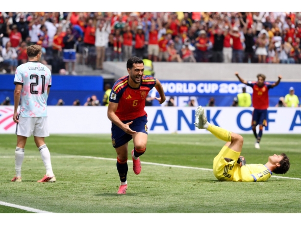 Mikel Merino #6 of Spain celebrates scoring his team's second goal during the FIFA World Cup 2026 Quarter Final match between Spain and Belgium at Los Angeles Stadium on July 10, 2026 in Inglewood, California. (Photo by David Ramos / GETTY IMAGES NORTH AMERICA / Getty Images via AFP)