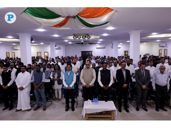 Ambassador of India to Qatar H E Vipul, along with leaders and members of the Indian community, observe a moment of silence at the ICC premises yesterday to pay tribute to the late Father Amir H H Sheikh Hamad bin Khalifa Al Thani. Pics: Salim Matramkot/The Peninsula