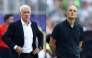 This combination of pictures created on July 16, 2026 shows France's head coach Didier Deschamps gesturing at the Philadelphia Stadium in Philadelphia on July 4, 2026, and England's German head coach Thomas Tuchel gesturing at Miami Stadium in Miami Gardens on July 11, 2026. (Photo by Charly Triballeau and Patricia De Melo Moreira / AFP)