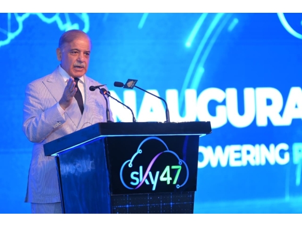 Prime Minister Muhammad Shehbaz Sharif addresses the inaugural ceremony of Sky47 in Rawalpindi. Image source: @GovtofPakistan on X