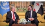 This handout picture taken and released by the official Syrian Arab News Agency (SANA) on July 25, 2026 shows syria's Foreign Affairs Minister Asaad al-Shaibani (R) receiving UN Secretary-General Antonio Guterres (L) at Damascus International Airport in Damascus. (Photo by SANA / AFP)