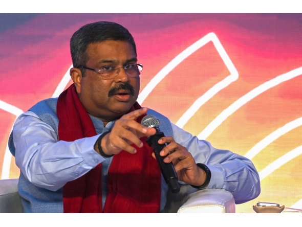 (FILES) India's Education Minister Dharmendra Pradhan addresses the gathering on the second day of the three-day B20 Summit in New Delhi on August 26, 2023. Photo by Arun SANKAR / AFP)