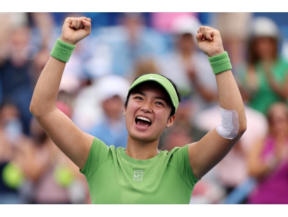 Alexandra Eala of the Philippines celebrates after winning a women's singles match against Naomi Osaka of Japan on day six of the Mubadala DC Open 2026 at William H.G. FitzGerald Tennis Center on August 01, 2026 in Washington, DC. (Photo by Emilee Chinn / GETTY IMAGES NORTH AMERICA / Getty Images via AFP)
