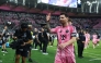 Lionel Messi #10 of Inter Miami CF celebrates scoring his team's third goal during the Leagues Cup Phase One match between Inter Miami CF and Atletico San Luis at Nu Stadium on August 05, 2026 in Miami, Florida.  (Photo by Megan Briggs /Getty Images via AFP)