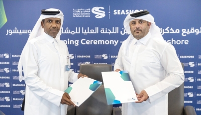 SC Sustainability & Legacy Executive Director Eng. Thani Al Zarraa and Vice Chairman of the Board of Directors for Seashore Group Sager Saeed Al Muhanadi during the signining MoU ceremony.