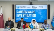 Ambassador of Angola H E António Coelho Ramos da Cruz (second left) with  Ambassador of Mozambique H E Isac Mamudo Massamby (right) and Deputy Chief of the UNODC Regional Centre for Combating Cybercrime Jassim Yousuf Al-Kuwari at the event.