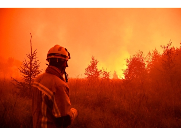 This handout photograph taken on August 15, 2026 and released on August 17, 2026 by VHP shows a firefighter looking at wildfire in the Hautes Fagnes (High Fens) nature reserve. Photo by HANDOUT / VHP / AFP