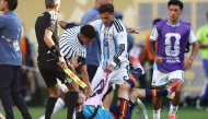 Argentina's midfielder #05 Leandro Paredes (top) clashes with Spain's midfielder #09 Gavi during the 2026 World Cup football tournament final match between Spain and Argentina at the New York/New Jersey Stadium in East Rutherford on July 19, 2026. Photo by CHARLY TRIBALLEAU / AFP