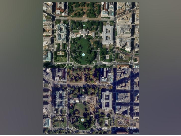 (FILES) Before and after pictures of the demolition of the East Wing of the White House in Washington, DC. Photo by Handout / 2025 Planet Labs PBC / AFP