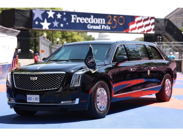 The Presidential limousine is seen near turn 2 prior to the NTT INDYCAR Freedom 250 in Washington, DC. (Photo by Chris Graythen AFP)