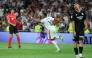 Real Madrid's French forward #10 Kylian Mbappe celebrates scoring his team's first goal during the Spanish league football match between Real Madrid CF and Real Sociedad at Santiago Bernabeu Stadium in Madrid on August 26, 2026. (Photo by Thomas COEX / AFP)