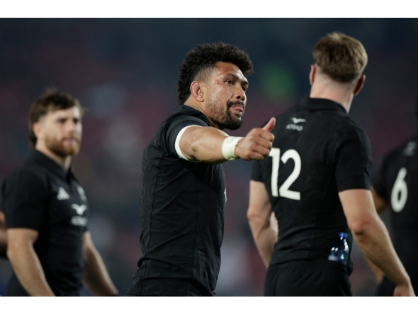 New Zealand's number eight Ardie Savea reacts after his team's victory during the Rugby's Greatest Rivalry international rugby union match between South Africa and New Zealand at Ellis Park Stadium in Johannesburg, on August 22, 2026. (Photo by PHILL MAGAKOE / AFP)