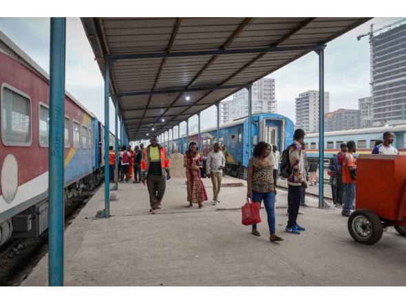 This screen grab taken from an AFP Video shows commuters walking on the platform as they leave the train at the central station in Kinshasa, on August 28, 2026. (Photo by GLODY MURHABAZI / AFP)