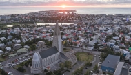 This aerial view taken on August 28, 2026, shows a panoramic view of Reykjavik, Iceland, with Hallgrimskirkja,  (Photo by Halldor KOLBEINS / AFP)