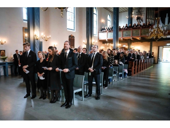 Norway's King Haakon VIII (R), Crown Princess Ingrid Alexandra (2ndR), Queen Sonja (2ndL) and Prince Sverre Magnus (L) attend a memorial church service for the late King Harald V at Asker Church in Asker, Norway, on August 30, 2026. Photo by Cornelius Poppe / NTB / AFP