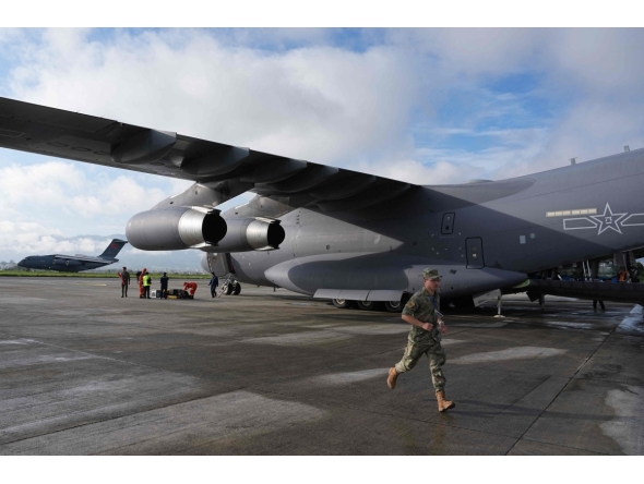 Two Chinese Y-20 transport planes carrying 50 tonnes of emergency relief supplies and four tunnel rescue experts arrive at Tribhuvan International Airport in Kathmandu, Nepal, on August 30, 2026. Photo by CNS / AFP