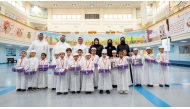 Undersecretary of the Ministry of Education and Higher Education, Dr. Ibrahim bin Saleh Al Nuaimi with other officials welcoming students on the first day of the new academic session yesterday.