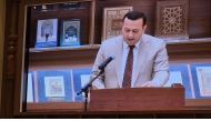 Spokesperson for the Center for Islamic Civilization Uktam Usmonov speaking to the audience during the closing ceremony of the event.