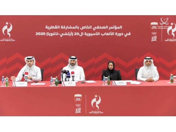 FROM LEFT: Head of the Media Delegation Abdullah Mohammed Al-Marri, Head of Qatar’s Administrative Delegation Ahmed Yousef Al-Darwish, Deputy Head of Qatar’s Administrative Delegation Iman Al-Emadi and Member of the Administrative Delegation Naji Al-Omari during a press conference in Doha yesterday.    