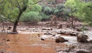 This handout image released by the Grand Canyon National Park Service via X (formerly Twitter) on August 30, 2026 shows remnants of stone bridge pylons along Bright Angel Creek following a flash flood that destroyed the footbridge on August 29. (Photo by J.THOMPSON and Handout / NATIONAL PARK SERVICE / AFP)