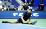 Serbia's Novak Djokovic reacts against Argentina's Mariano Navone during the men's singles first round tennis match on day one of the US Open tennis tournament at the USTA Billie Jean King National Tennis Center in New York City on August 30, 2026. (Photo by CHARLY TRIBALLEAU / AFP)
