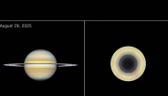 Side-by-side comparison of two views of the gas giant Saturn, labeled “August 29, 2025” at the top left corner. At left is a straight-on view of Saturn, a globe with pale yellow horizontal bands at the equator and orange and pink at the mid-latitudes. Some bands towards the north and south pole have a light blue hue. There are prominent horizontal rings circling at the equator. At right, labeled “Saturn’s south pole,” the south-polar view of Saturn shows concentric bands in its atmosphere, mostly tan and orange, surrounding a dark central region that has a 10-sided outline. A small, dashed circle at the very centre of the pole with an “X” inside denotes missing data. ( Photo from NASA, ESA, STScI, A. Sánchez-Lavega (University of the Basque Country), A. Simon (NASA-GSFC), M. Wong (UC Berkeley); Image Processing: A. Pagan (STScI)