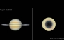 Side-by-side comparison of two views of the gas giant Saturn, labeled “August 29, 2025” at the top left corner. At left is a straight-on view of Saturn, a globe with pale yellow horizontal bands at the equator and orange and pink at the mid-latitudes. Some bands towards the north and south pole have a light blue hue. There are prominent horizontal rings circling at the equator. At right, labeled “Saturn’s south pole,” the south-polar view of Saturn shows concentric bands in its atmosphere, mostly tan and orange, surrounding a dark central region that has a 10-sided outline. A small, dashed circle at the very centre of the pole with an “X” inside denotes missing data. ( Photo from NASA, ESA, STScI, A. Sánchez-Lavega (University of the Basque Country), A. Simon (NASA-GSFC), M. Wong (UC Berkeley); Image Processing: A. Pagan (STScI)